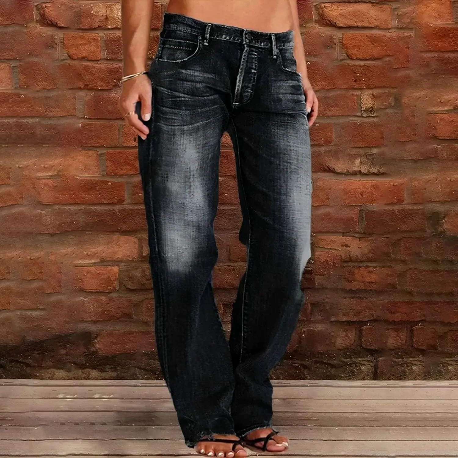 Womens Straight Leg Jeans Button Down Low Rise Ripped Jeans Plus Size Boyfriend Distressed Denim Pants with Pockets