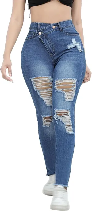 Women's Stretchy Destroyed Stylish Jeans Slim Fit High Waisted Casual Denim Pants Ripped Skinny Outdoor Jeans