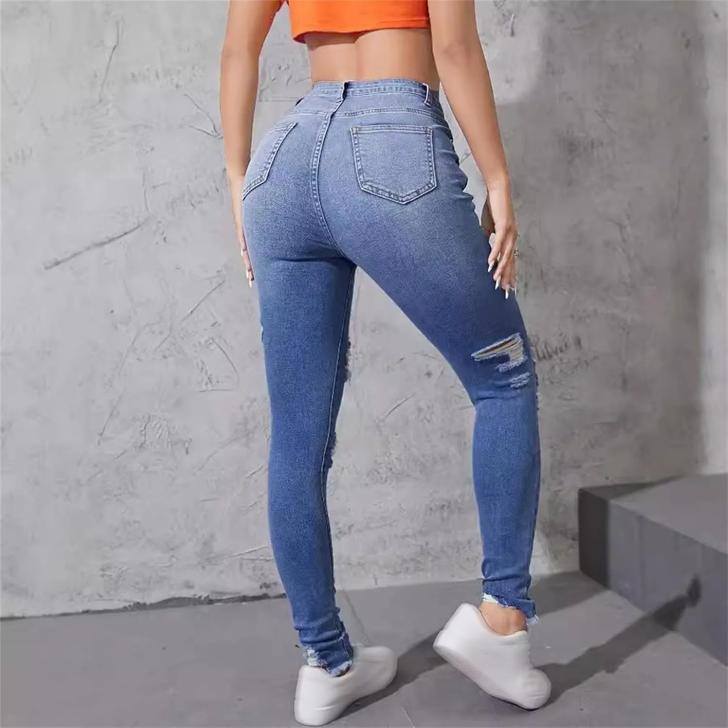 Women's Stretchy Destroyed Stylish Jeans Slim Fit High Waisted Casual Denim Pants Ripped Skinny Outdoor Jeans