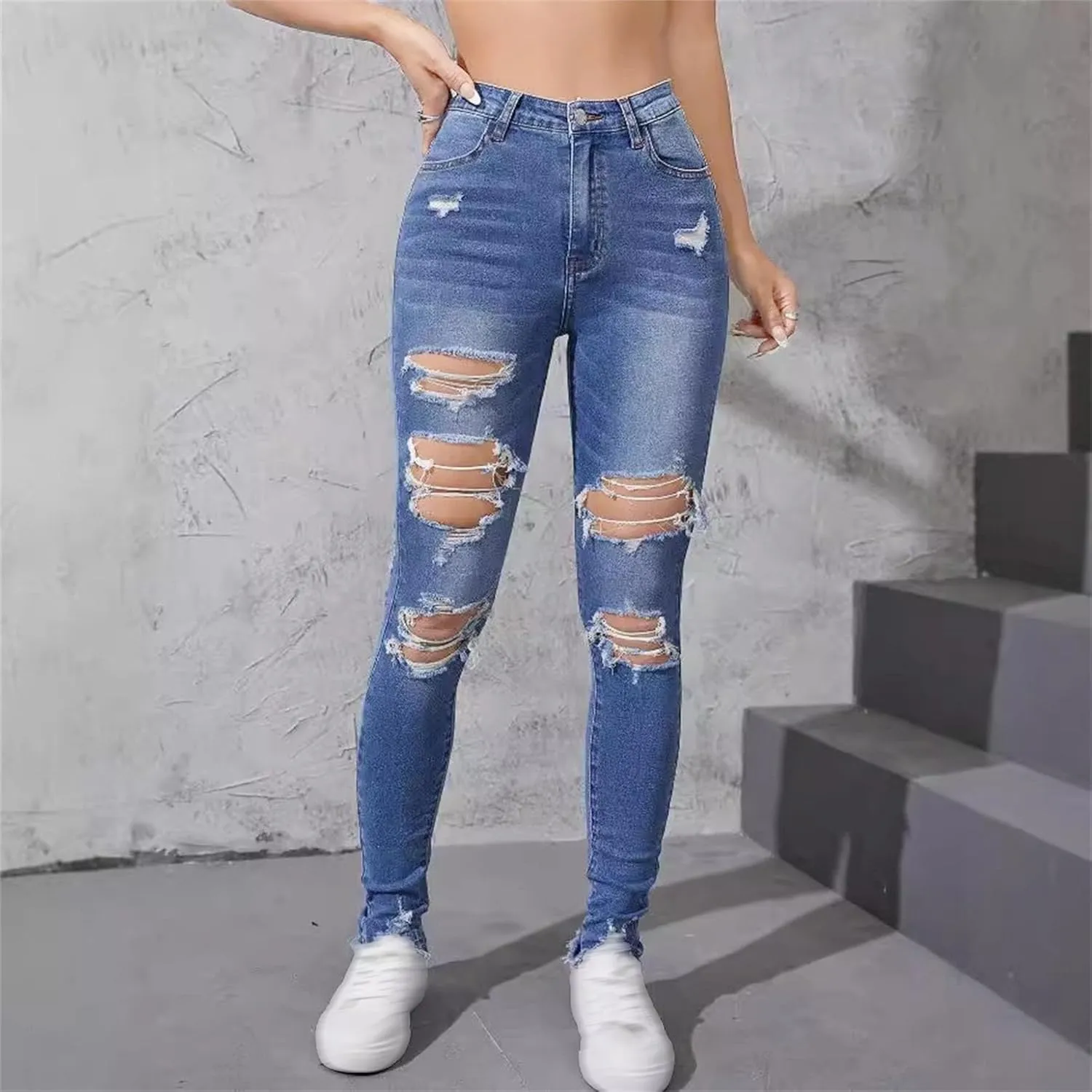 Women's Stretchy Destroyed Stylish Jeans Slim Fit High Waisted Casual Denim Pants Ripped Skinny Outdoor Jeans