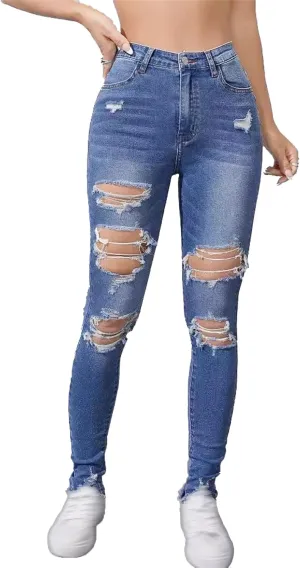 Women's Stretchy Destroyed Stylish Jeans Slim Fit High Waisted Casual Denim Pants Ripped Skinny Outdoor Jeans