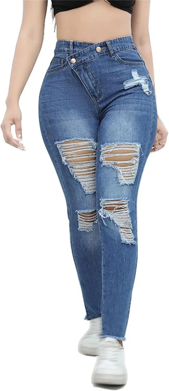 Women's Stretchy Destroyed Stylish Jeans Slim Fit High Waisted Casual Denim Pants Ripped Skinny Outdoor Jeans