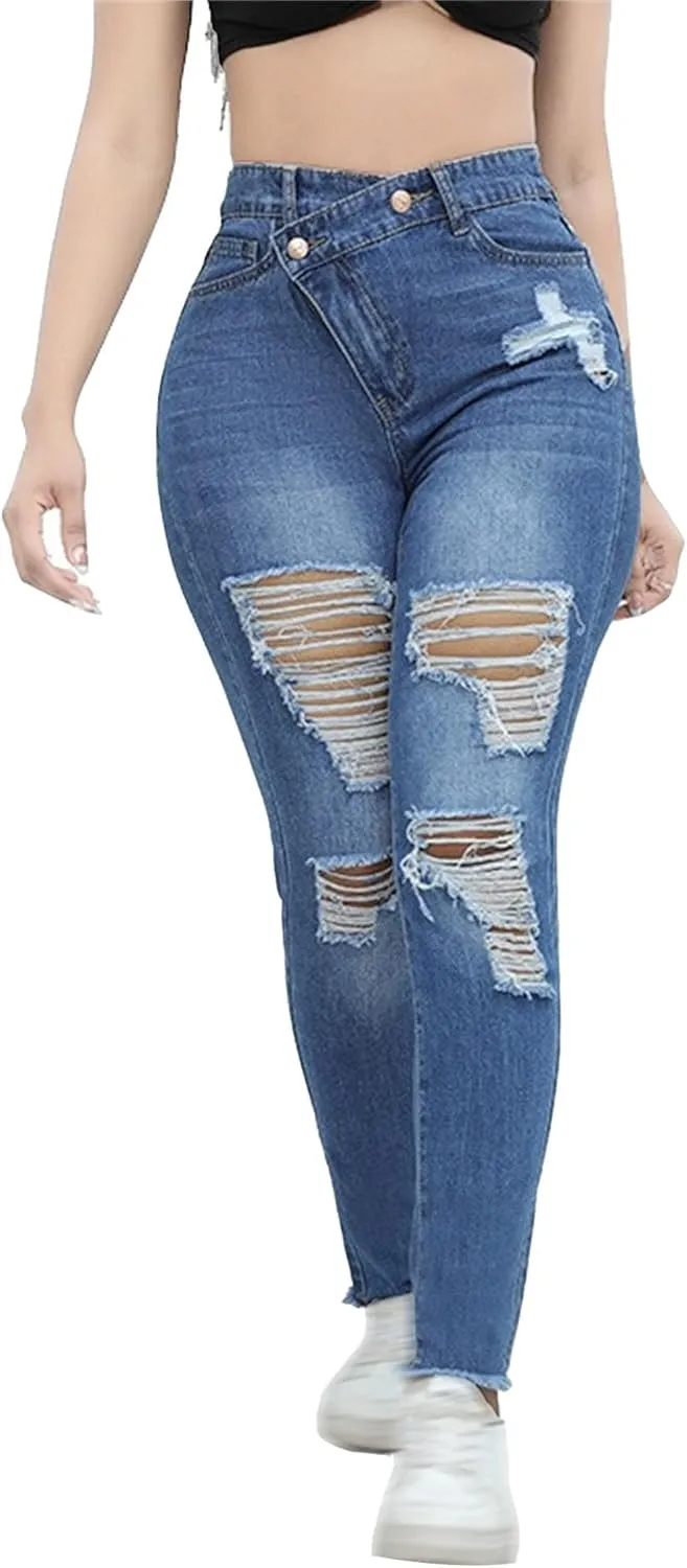 Women's Stretchy Destroyed Stylish Jeans Slim Fit High Waisted Casual Denim Pants Ripped Skinny Outdoor Jeans