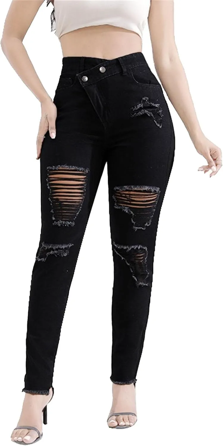 Women's Stretchy Destroyed Stylish Jeans Slim Fit High Waisted Casual Denim Pants Ripped Skinny Outdoor Jeans