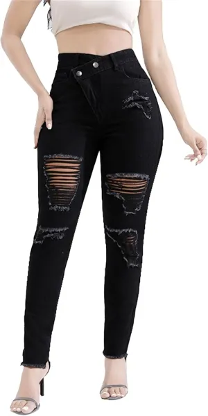 Women's Stretchy Destroyed Stylish Jeans Slim Fit High Waisted Casual Denim Pants Ripped Skinny Outdoor Jeans