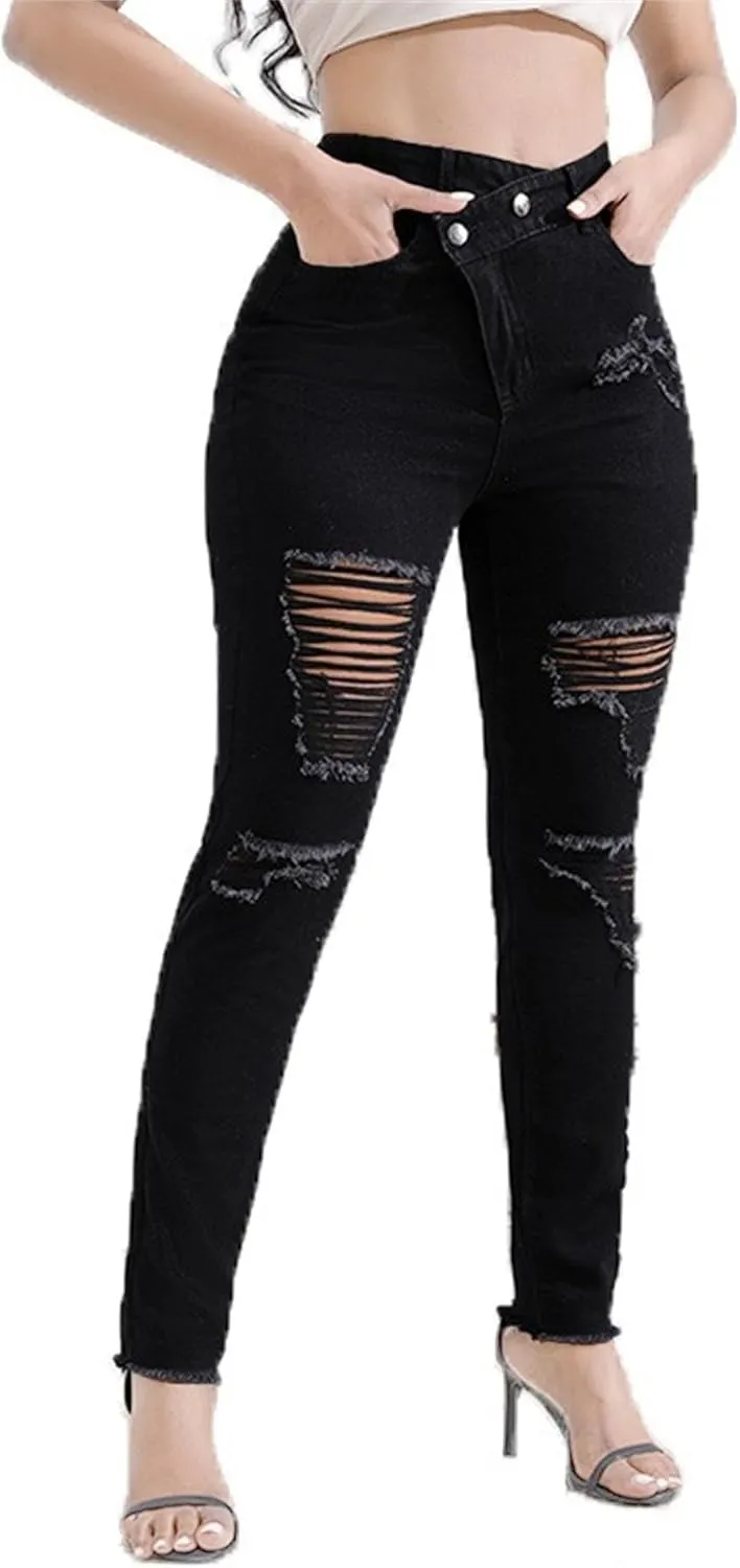 Women's Stretchy Destroyed Stylish Jeans Slim Fit High Waisted Casual Denim Pants Ripped Skinny Outdoor Jeans