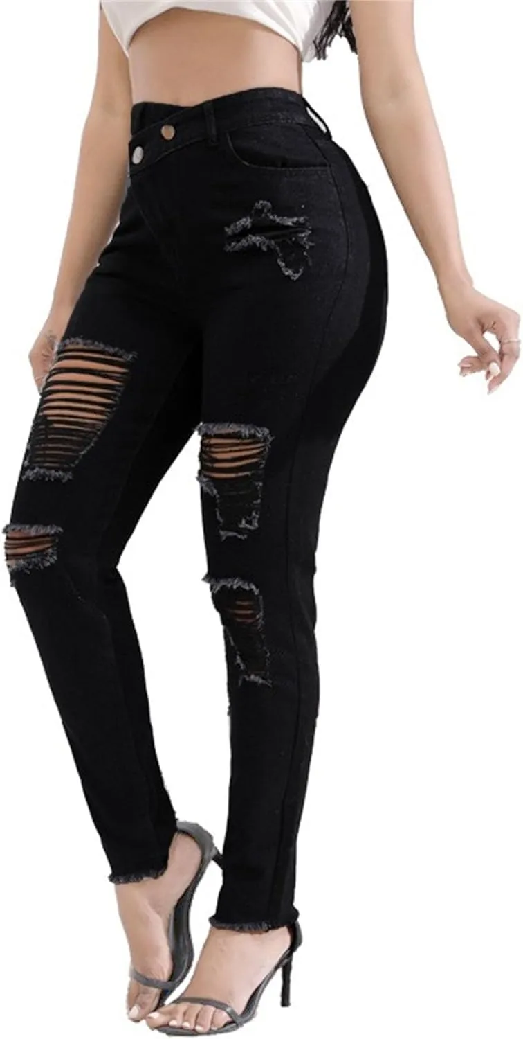 Women's Stretchy Destroyed Stylish Jeans Slim Fit High Waisted Casual Denim Pants Ripped Skinny Outdoor Jeans