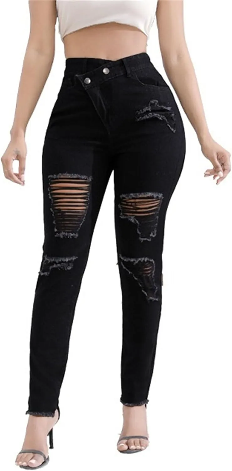 Women's Stretchy Destroyed Stylish Jeans Slim Fit High Waisted Casual Denim Pants Ripped Skinny Outdoor Jeans