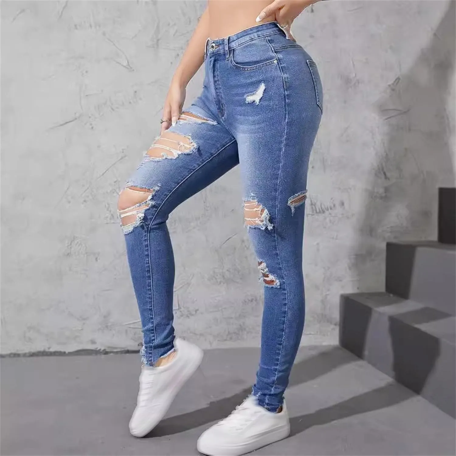 Women's Stretchy Destroyed Stylish Jeans Slim Fit High Waisted Casual Denim Pants Ripped Skinny Outdoor Jeans