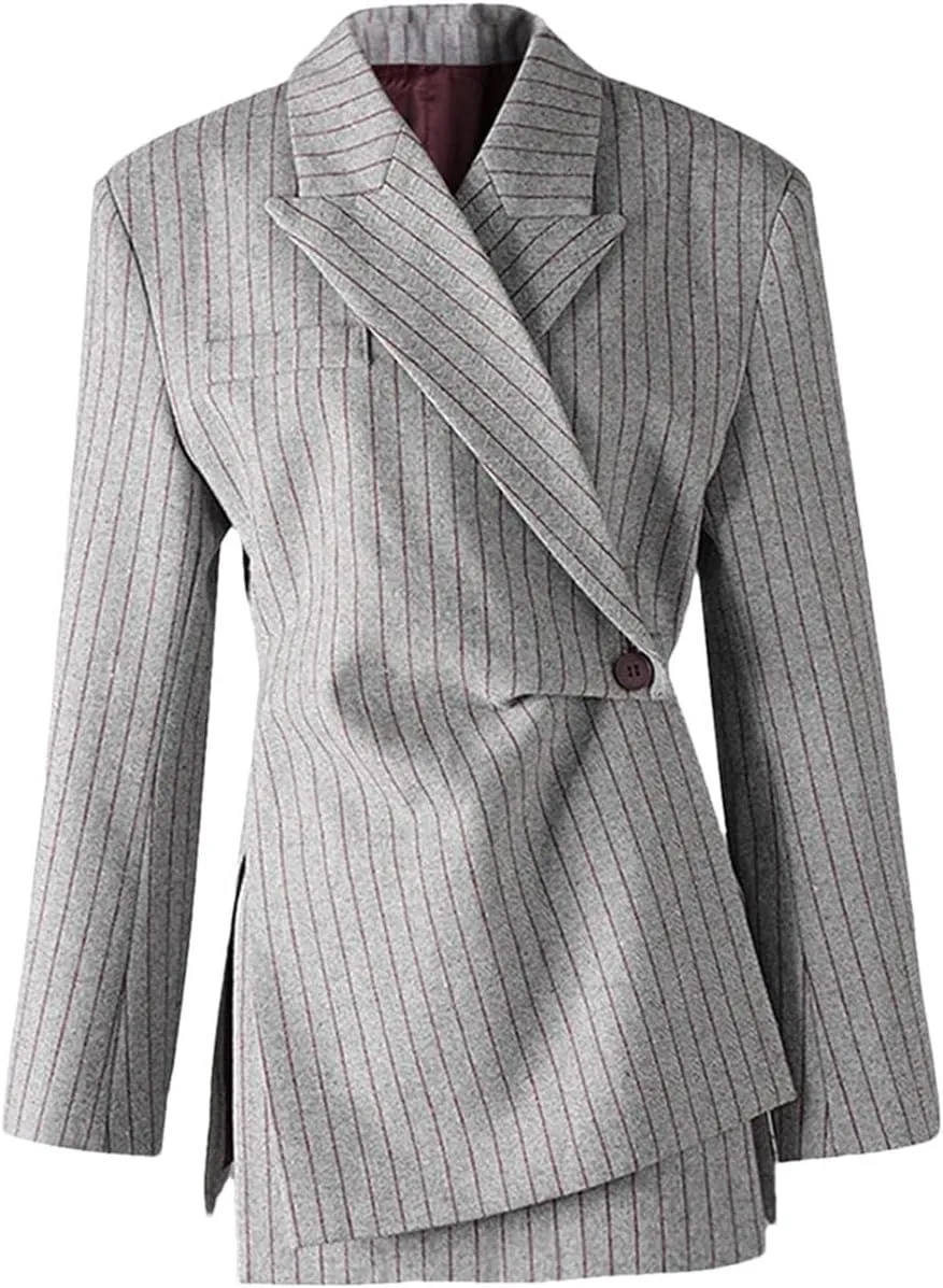 Women's Stripe Printed Asymmetric Notched Long Sleeve Gathered Waist Blazers