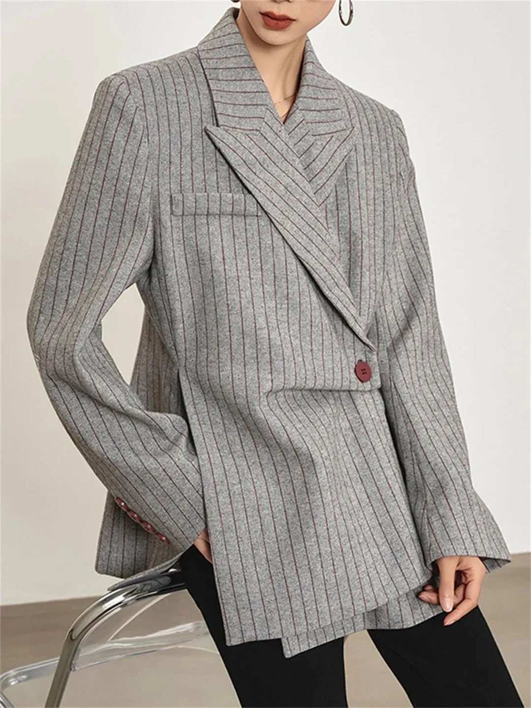 Women's Stripe Printed Asymmetric Notched Long Sleeve Gathered Waist Blazers