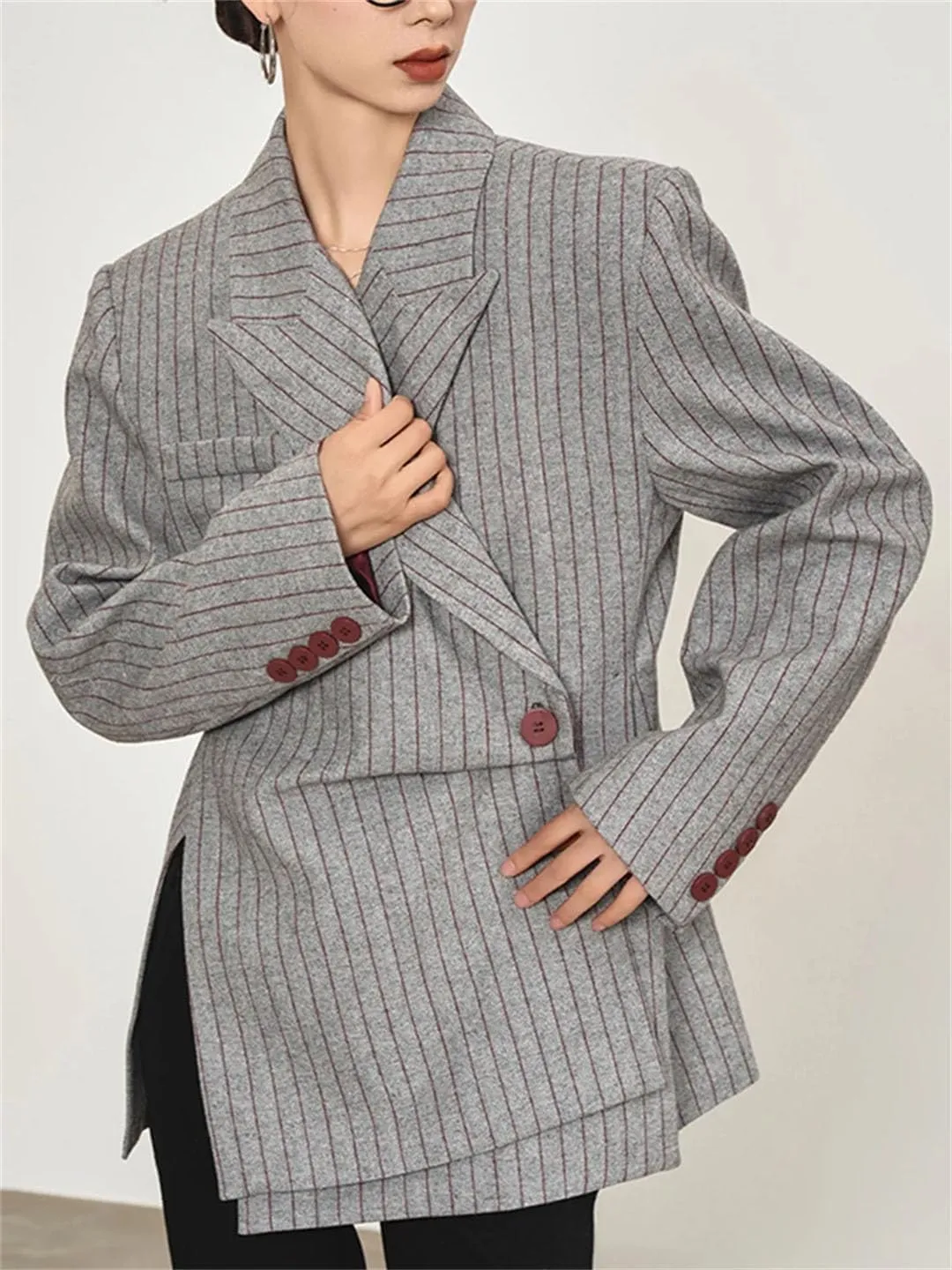 Women's Stripe Printed Asymmetric Notched Long Sleeve Gathered Waist Blazers