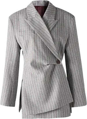 Women's Stripe Printed Asymmetric Notched Long Sleeve Gathered Waist Blazers