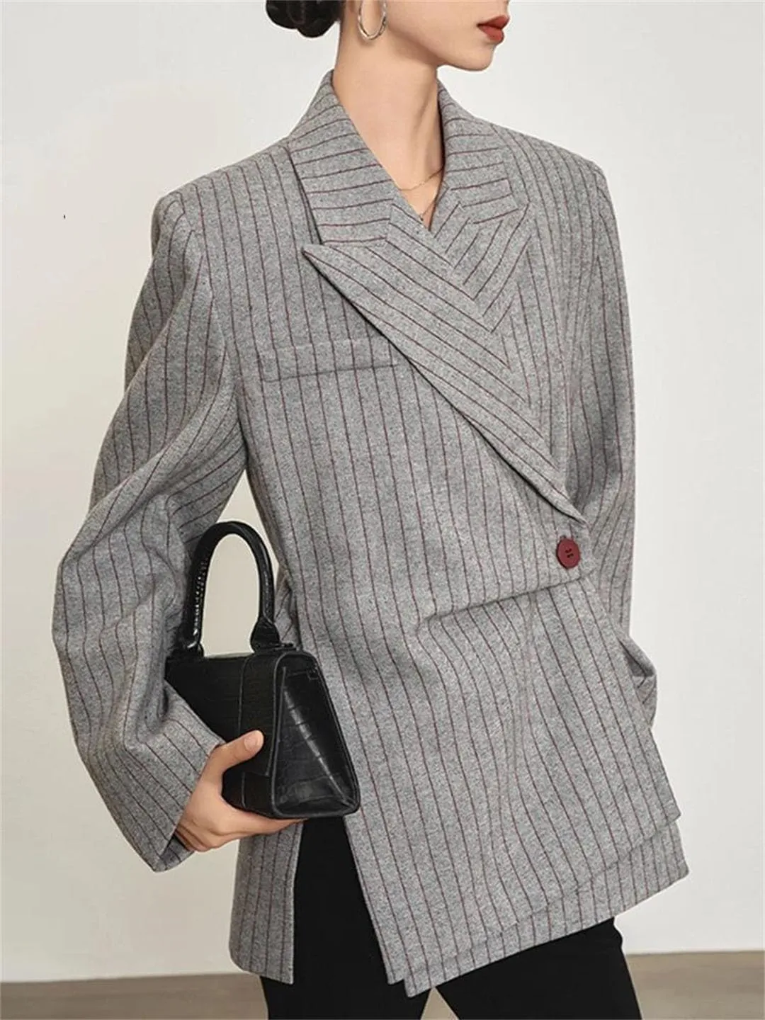 Women's Stripe Printed Asymmetric Notched Long Sleeve Gathered Waist Blazers