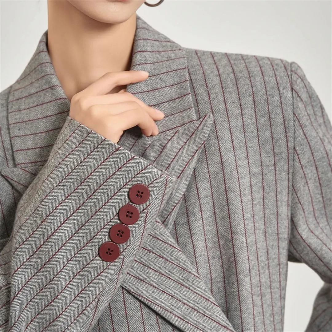 Women's Stripe Printed Asymmetric Notched Long Sleeve Gathered Waist Blazers