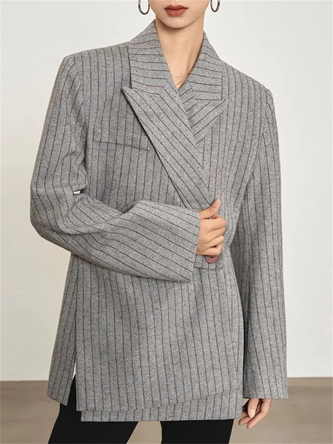 Women's Stripe Printed Asymmetric Notched Long Sleeve Gathered Waist Blazers