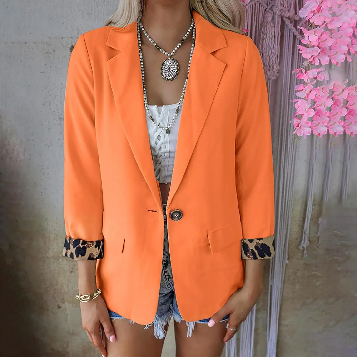 Women's Summer Blazer Button 3/4 Sleeve Pocket Lapel Casual Business Comfortable Solid Color Stylish Lightweight