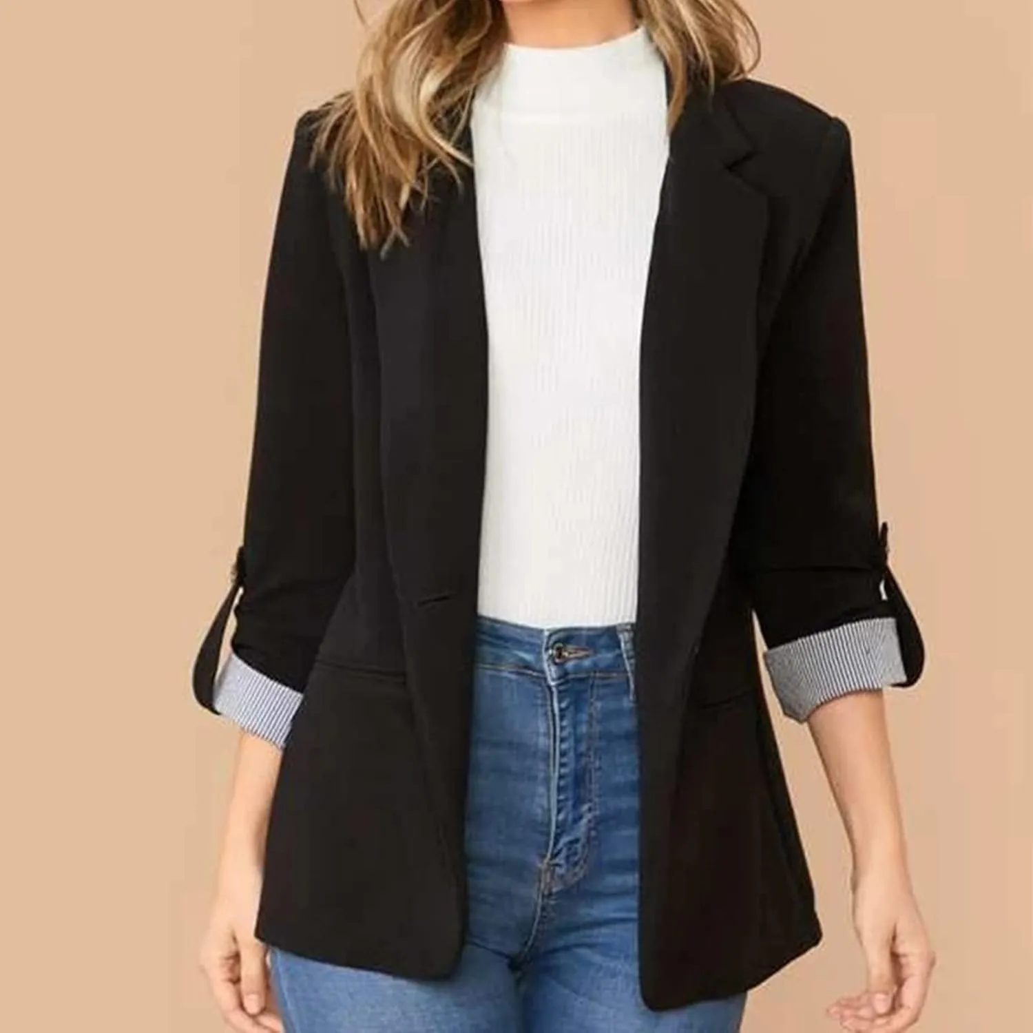 Women's Summer Blazer Button 3/4 Sleeve Pocket Lapel Casual Business Convenient Solid Color Fashion Lightweight