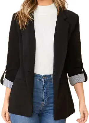 Women's Summer Blazer Button 3/4 Sleeve Pocket Lapel Casual Business Convenient Solid Color Fashion Lightweight