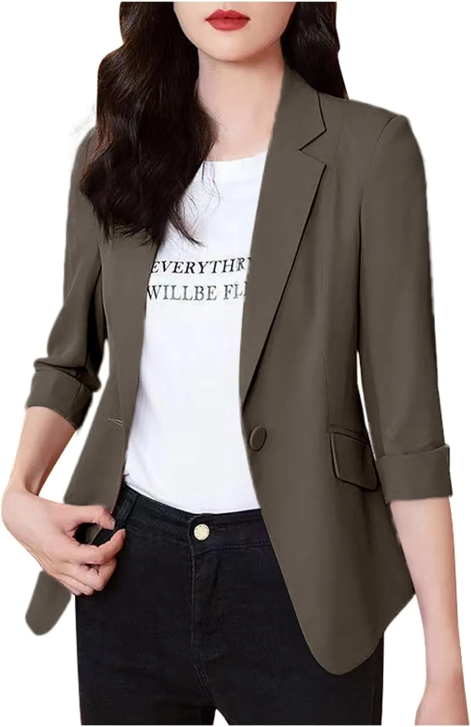 Women's Summer Blazer Button 3/4 Sleeve Pocket Lapel Elegant Trendy Comfortable Soft Comfy Stylish Suit Jackets