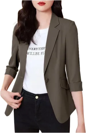 Women's Summer Blazer Button 3/4 Sleeve Pocket Lapel Elegant Trendy Comfortable Soft Comfy Stylish Suit Jackets