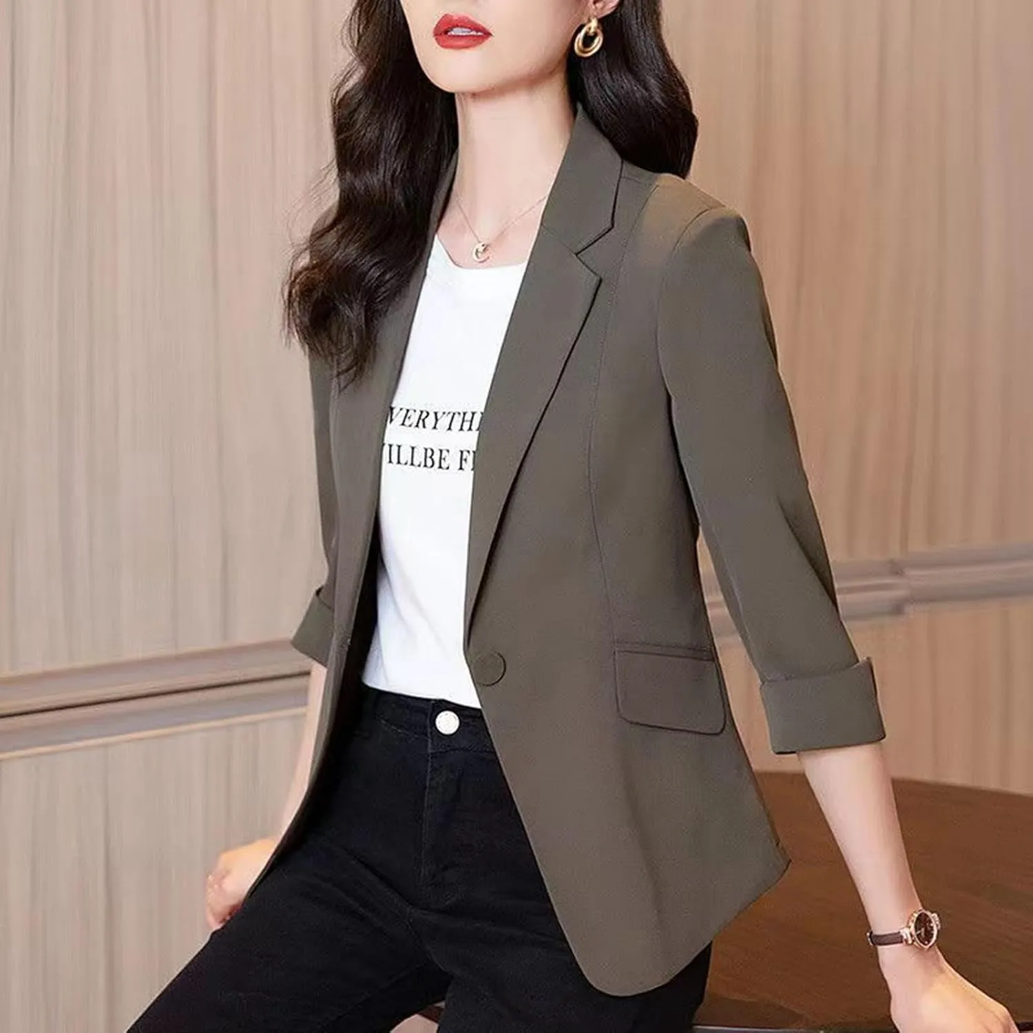 Women's Summer Blazer Button 3/4 Sleeve Pocket Lapel Elegant Trendy Comfortable Soft Comfy Stylish Suit Jackets
