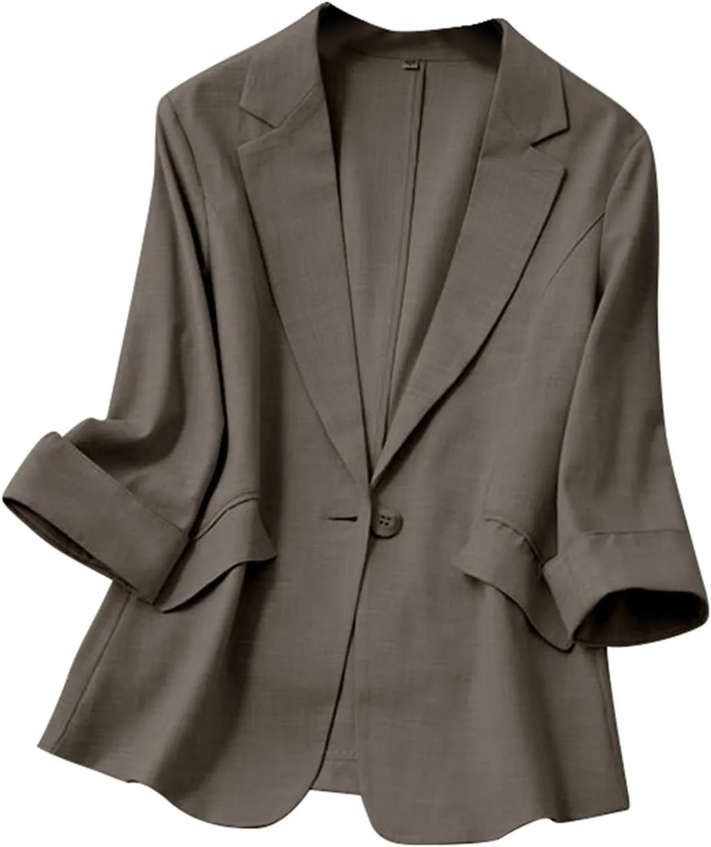 Women's Summer Blazer Button 3/4 Sleeve Pocket Lapel Elegant Trendy Comfortable Soft Comfy Stylish Suit Jackets