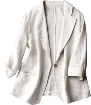 Women's Summer Blazer Button 3/4 Sleeve Pocket Lapel Work Jacket Convenient Comfort Fit Stylish Lightweight