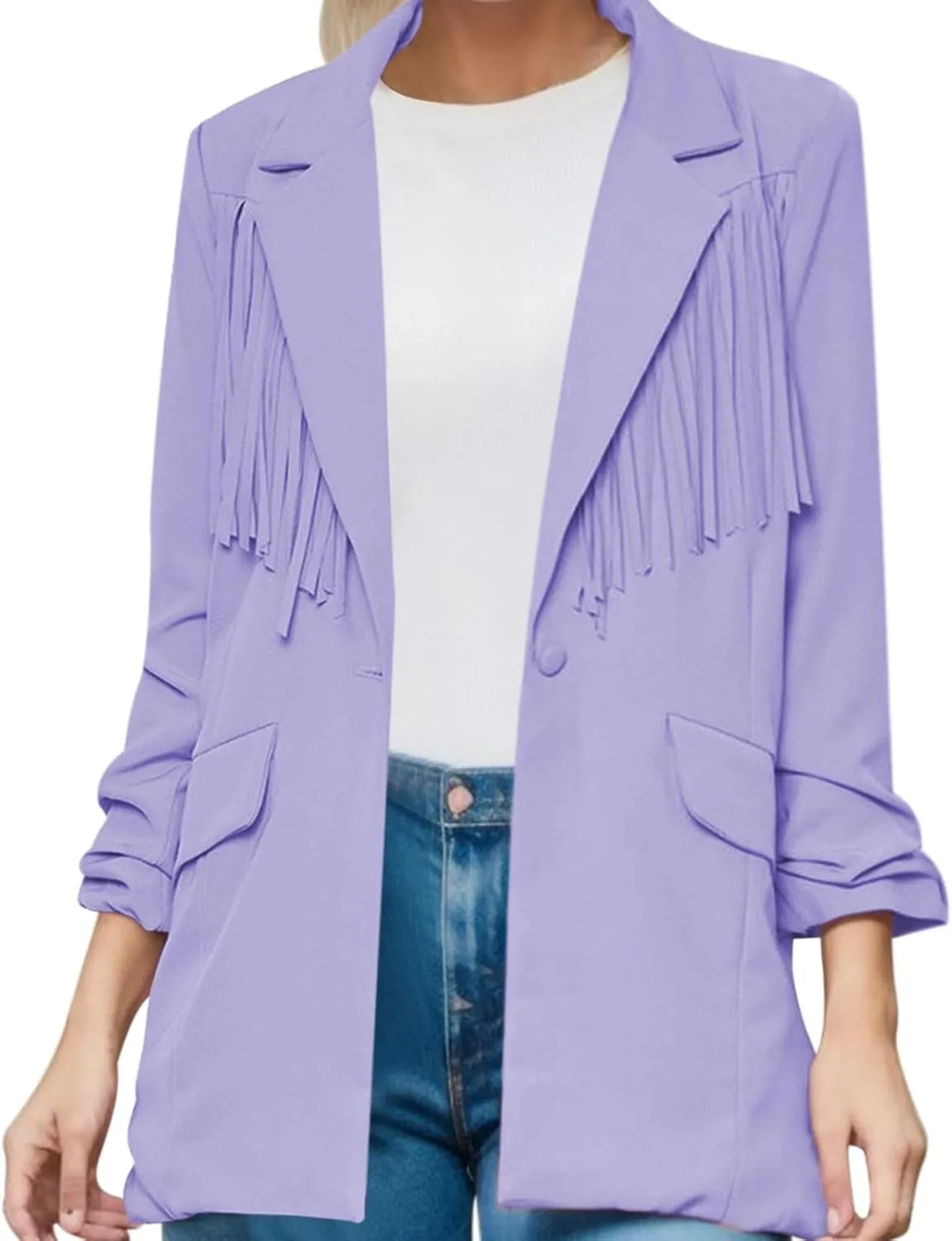 Women's Summer Blazer Button 3/4 Sleeve Pocket Lapel Work Jacket Convenient Solid Color Stylish Suit Jackets