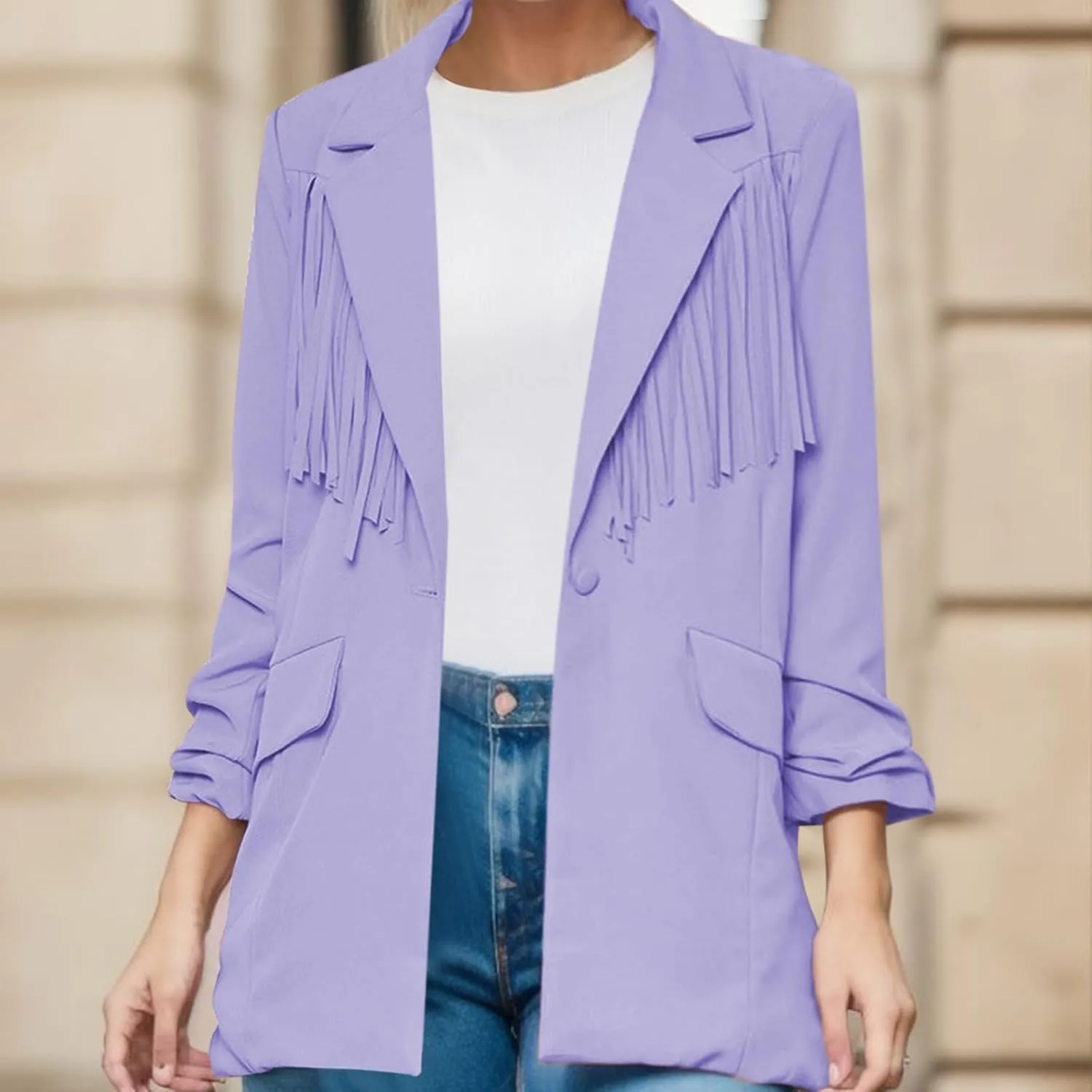 Women's Summer Blazer Button 3/4 Sleeve Pocket Lapel Work Jacket Convenient Solid Color Stylish Suit Jackets