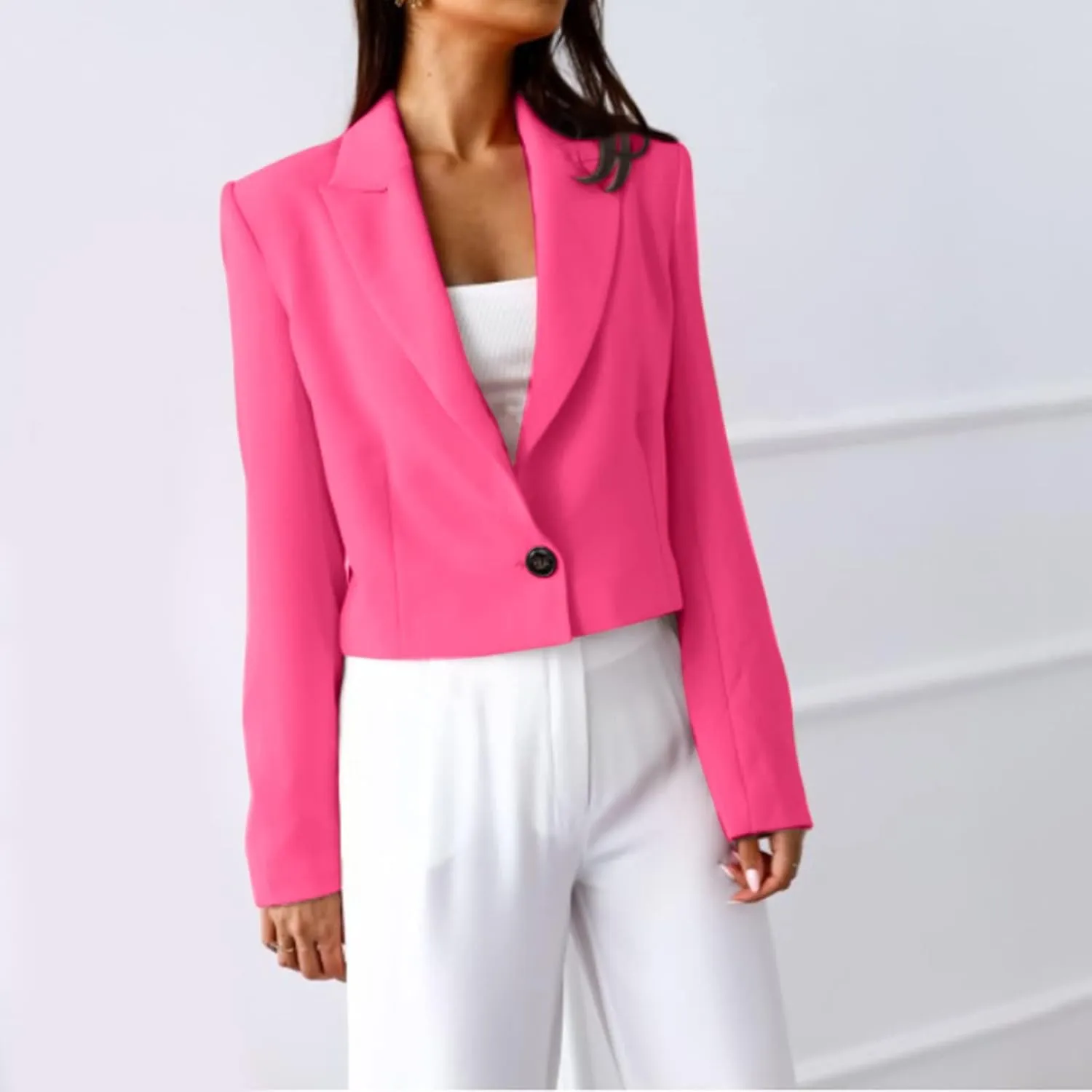 Women's Summer Blazer Button Lapel Long Sleeve Pocket Short Elegant Elegant Temperament Simple Stylish Suit Jackets