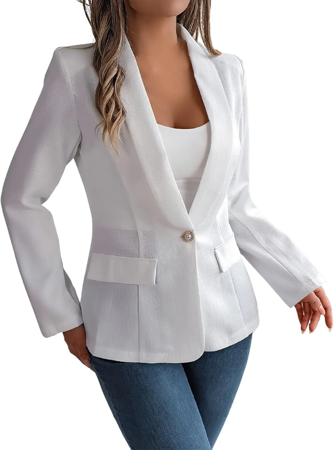 Women's Summer Blazer Button Long Sleeve Pocket Lapel Casual Business Elegant Solid Color Fashion Lightweight