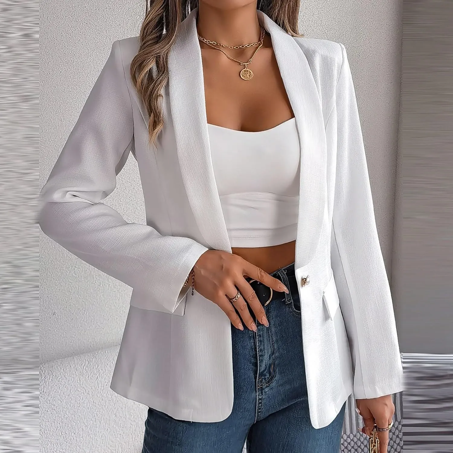 Women's Summer Blazer Button Long Sleeve Pocket Lapel Casual Business Elegant Solid Color Fashion Lightweight