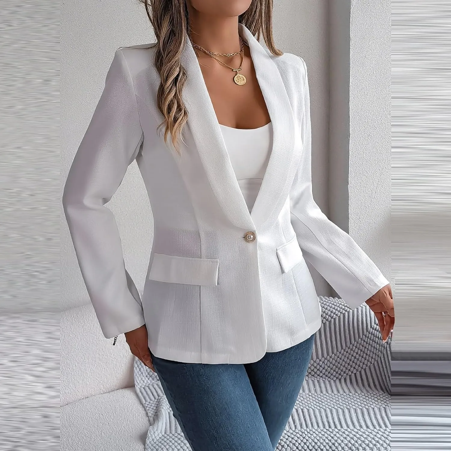 Women's Summer Blazer Button Long Sleeve Pocket Lapel Casual Business Elegant Solid Color Fashion Lightweight
