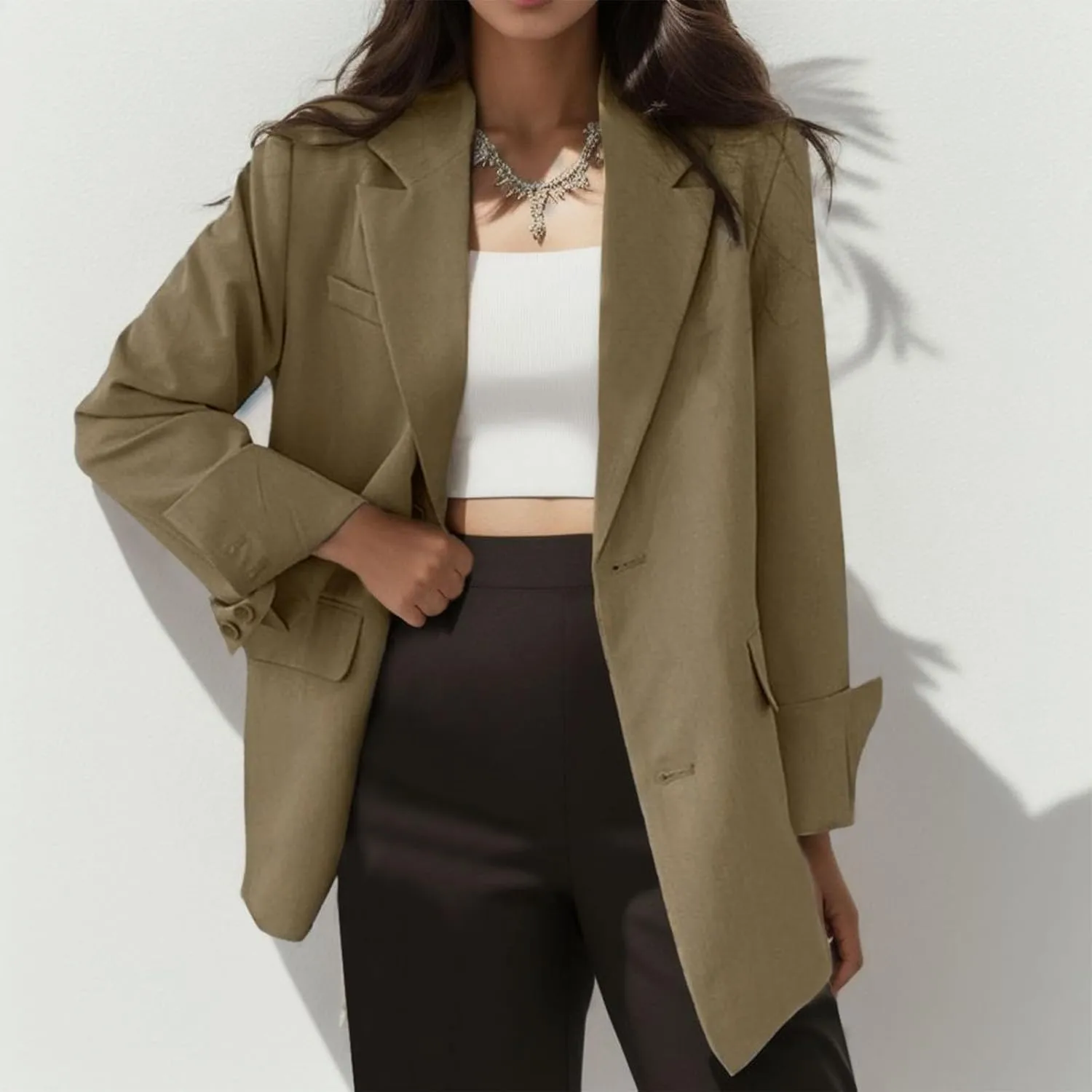 Women's Summer Blazer Button Long Sleeve Pocket Lapel Elegant Trendy Outdoor Solid Color Fashion Suit Jackets