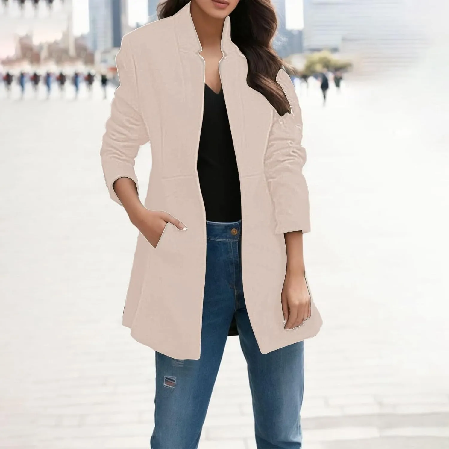 Women's Summer Blazer Long Sleeve Pocket Mid-Length Style Dressy Work Jacket Outdoor Solid Color Fashion Lightweight