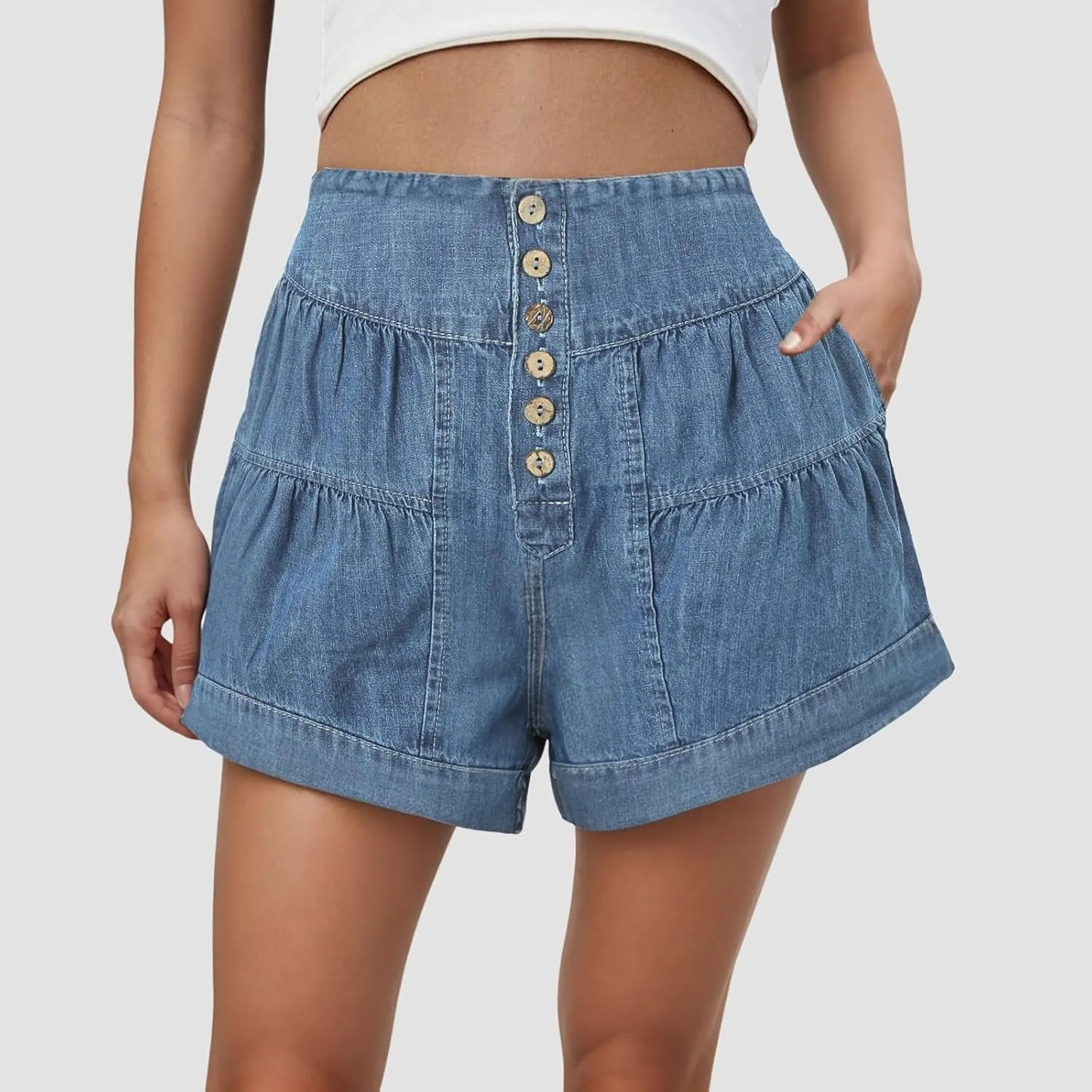 Womens Summer Flowy Jean Shorts Button Up High Waisted Wide Leg Denim Skort with Pockets