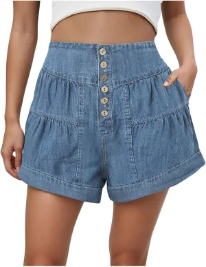 Womens Summer Flowy Jean Shorts Button Up High Waisted Wide Leg Denim Skort with Pockets