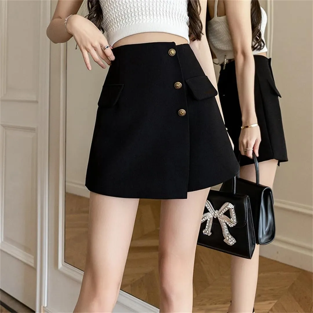Women's Summer Irregular Skirts Shorts with Button High Waist Slim Black Mini Wide Leg Shorts