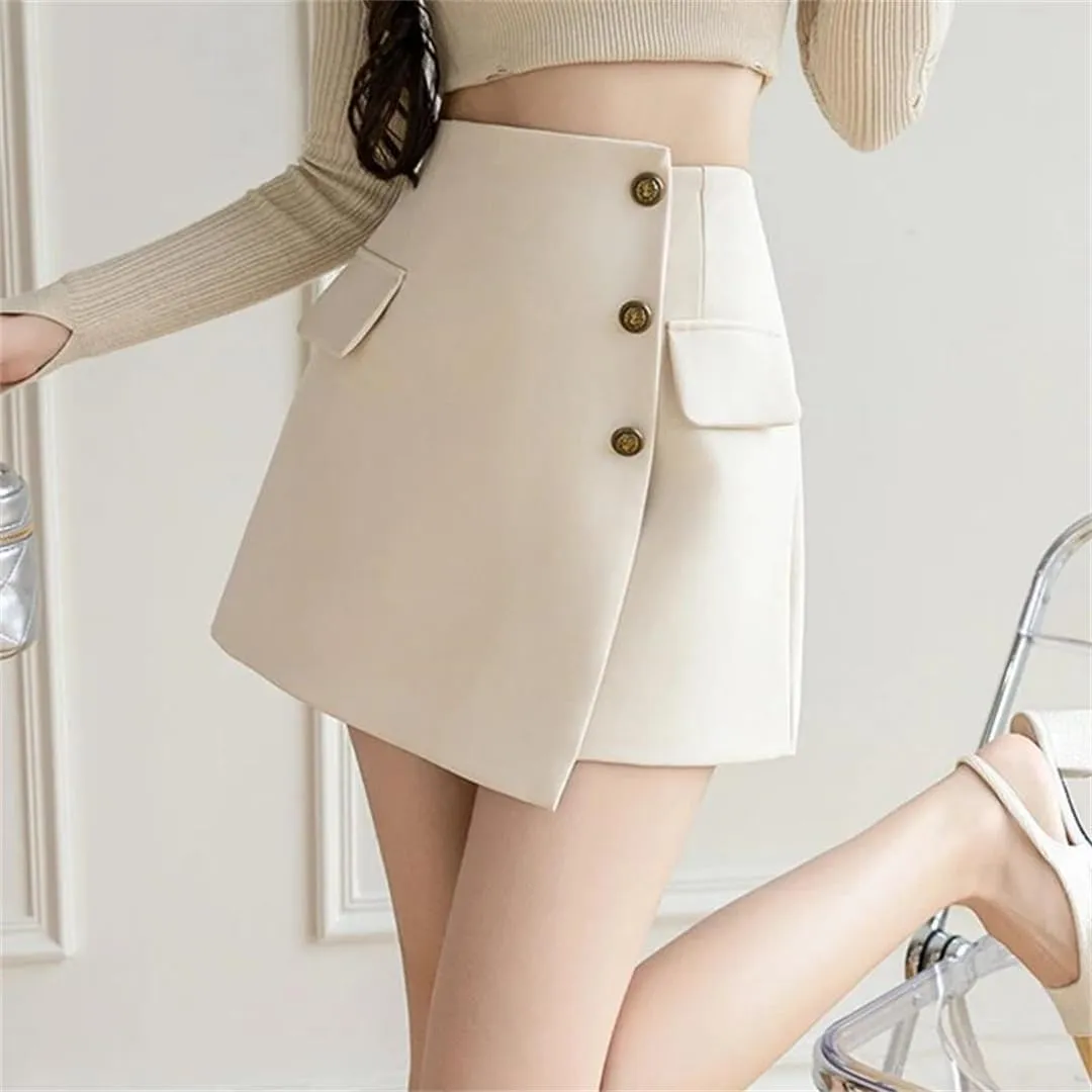 Women's Summer Irregular Skirts Shorts with Button High Waist Slim Black Mini Wide Leg Shorts