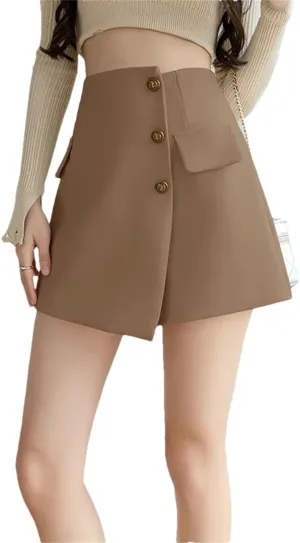 Women's Summer Irregular Skirts Shorts with Button High Waist Slim Black Mini Wide Leg Shorts