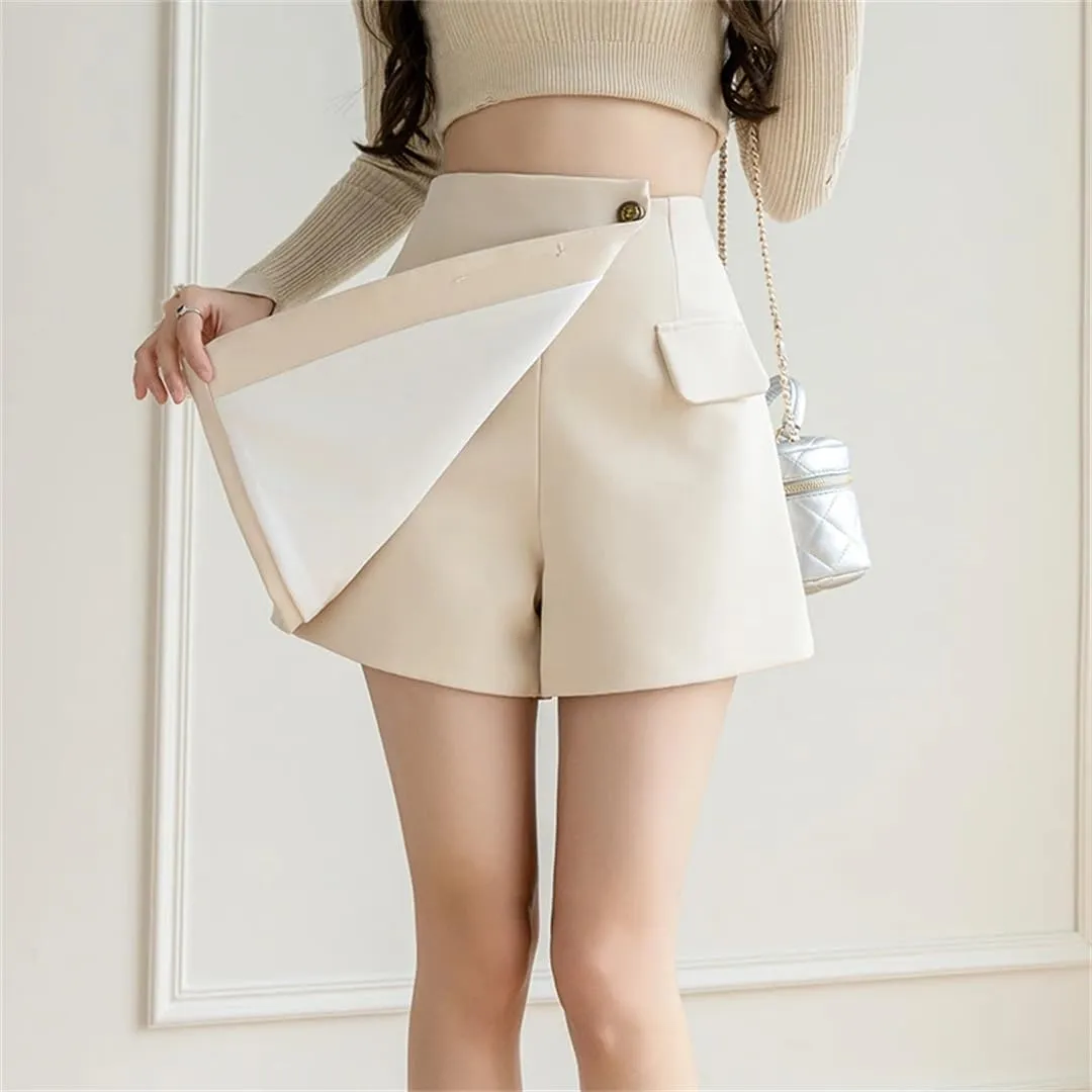 Women's Summer Irregular Skirts Shorts with Button High Waist Slim Black Mini Wide Leg Shorts