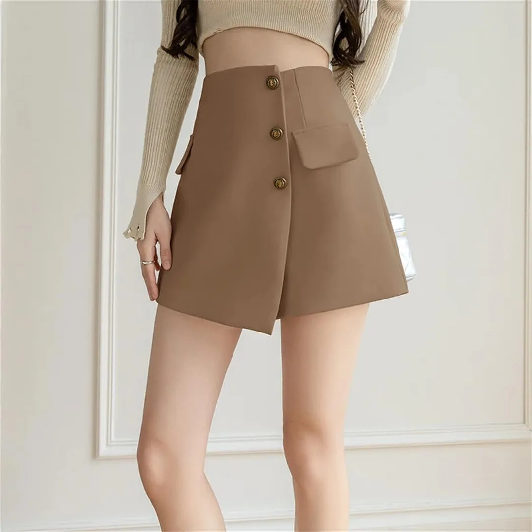 Women's Summer Irregular Skirts Shorts with Button High Waist Slim Black Mini Wide Leg Shorts