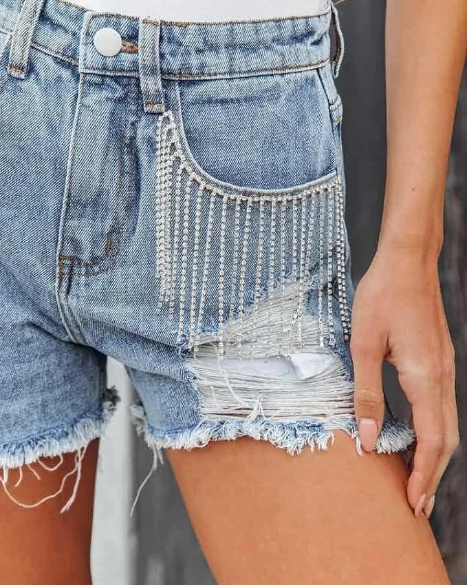 Womens Summer Rhinestone Tassel Jean Denim Shorts Ripped Tassel High Waist Jean Shorts