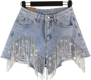 Womens Summer Rhinestone Tassel Jean Denim Shorts Ripped Tassel High Waist Jean Shorts