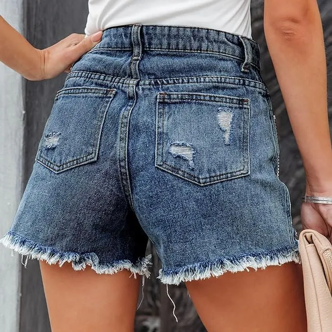 Womens Summer Rhinestone Tassel Jean Denim Shorts Ripped Tassel High Waist Jean Shorts