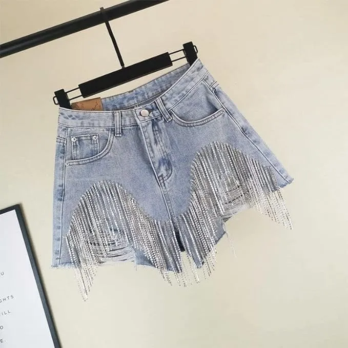 Womens Summer Rhinestone Tassel Jean Denim Shorts Ripped Tassel High Waist Jean Shorts