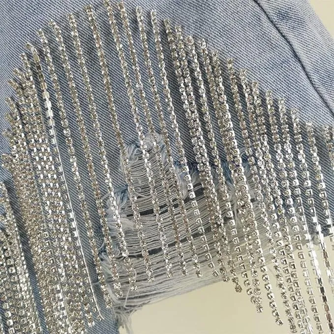 Womens Summer Rhinestone Tassel Jean Denim Shorts Ripped Tassel High Waist Jean Shorts