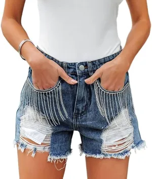 Womens Summer Rhinestone Tassel Jean Denim Shorts Ripped Tassel High Waist Jean Shorts