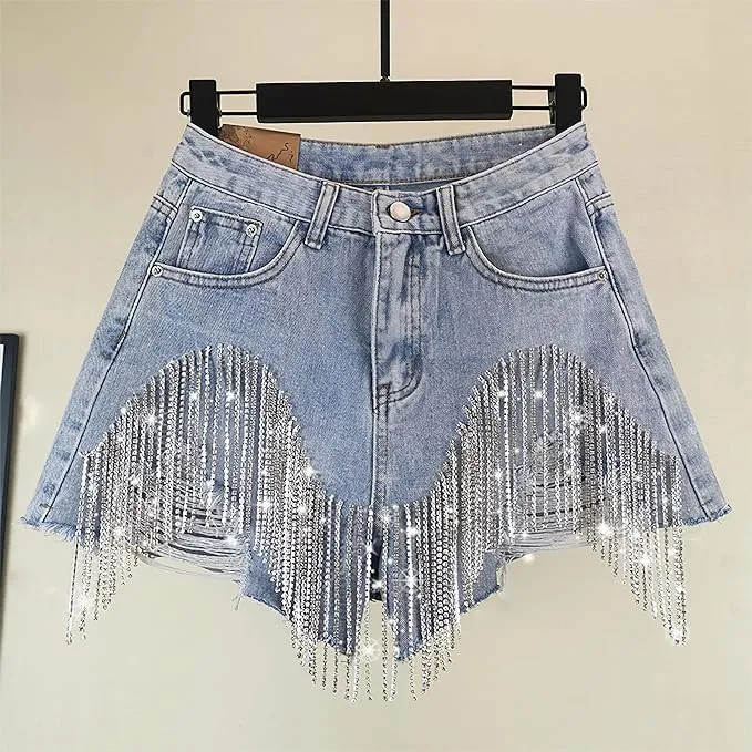 Womens Summer Rhinestone Tassel Jean Denim Shorts Ripped Tassel High Waist Jean Shorts